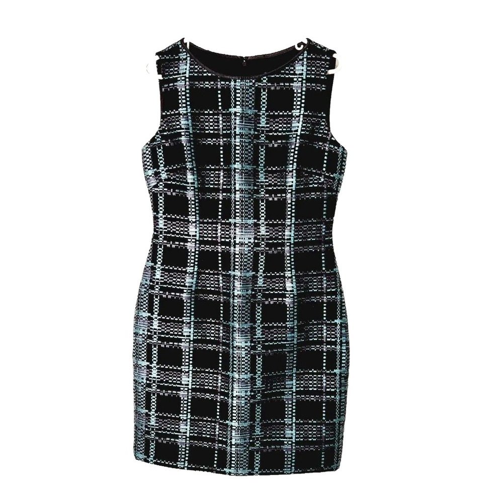 Tahari Arthur Levine Women's Tweed Sheath Dress Black Blue Plaid Lined Sz 6